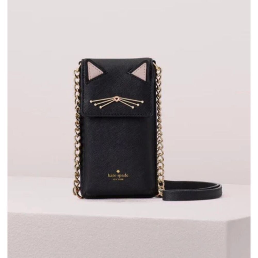 NWOT Retired Kate Spade 2019 Black Cat Texture Leather Phone Wallet Crossbody Ba